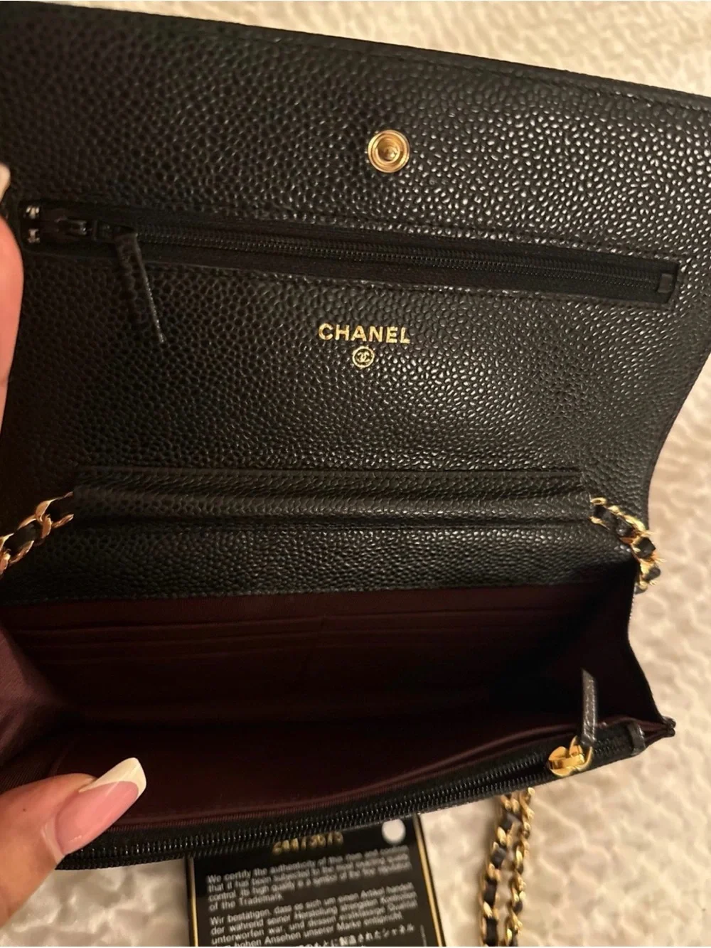 CHANEL Black Quilted Caviar Leather Wallet on Chain with Gold CC